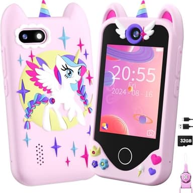 Telephone Portable Enfant Jouet - Téléphone pour Enfant avec écran Tactile, Caméras, Apprentissage Jouet, Jeux avec , Carte SD de 32 Go, Cadeau d'anniversaire pour Les Filles de 3, 4, 5 et 6 Ans