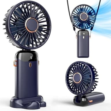 Koonie Mini Ventilateur à Main USB Portatif 5 Vitesses Avec Base, Pliable Pour Bureau et Extérieur - Batterie (Bleu foncé)