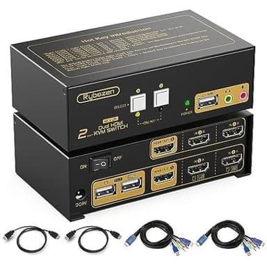 KVM Switch 2 PC 2 Monitor, Commutateurs KVM HDMI et USB, Partageant 4K@30Hz Moniteur et 3 USB Device, 4 Câbles HDMI et Adaptateur Inclus, avec prise audio et microphone