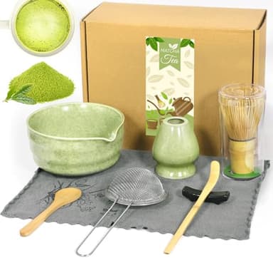 TEBOKHAD Matcha Kit, 8 Pièces Kit Matcha, Service à Thé Japonais,Bol à Matcha Avec Bec,Fouet Matcha, Support De Fouet à Matcha,Filtre,Cuillere Matcha, Stand, Serviette De Thé,Pour Adapté Aux Débutants