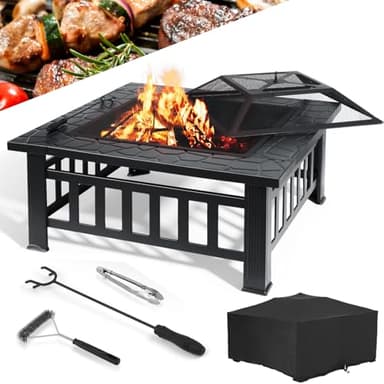 LIFERUN Brasero Exterieur Barbecue 81cm, Brasero de Jardin, 3 en 1 Foyer Exterieur, Chauffage de Terrasse avec Grille, Tisonnier, Pare-étincelles, Maille de Carbone, Pinces à Gril, Brosse, 4 pcs Pied