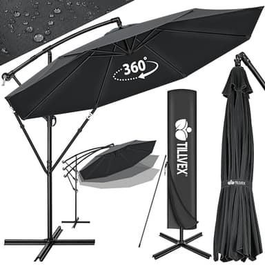 tillvex Parasol déporté hexagonale 3M avec manivelle, couverture, paravent | Pare-soleil avec pied | Protection UV en aluminium pour le jardin | Parasol à manivelle pour le marché déperlant Anthracite