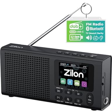 ZILON Radio Portable Dab+ FM Numérique Petite Bluetooth Rechargeable avec Batterie 2200 mAh Haut-Parleur sans Fil Compact pour TV USB-C Écran LCD Couleur Cuisine Travail Camping Alarme Horloge