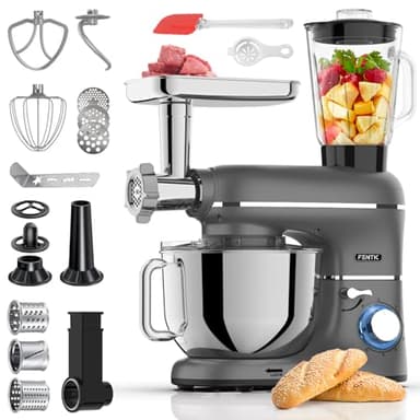 Fentic 6 en 1 Robot Pâtissier – 2000W - Av. Hachoir à Viande, Mixeur 1,5L, Cutter, Accessoires – Robot Cuisine Multifonctions Av. 6,2L Bol Mélangeur, Fouet, Crochet Pétrisseur, Batteur (Anthracite)