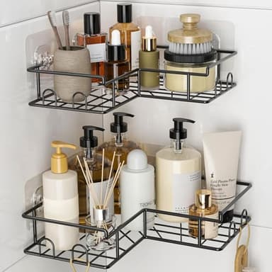 Diboniur Etagere Douche Sans Percage, 2 Pièces Etagere Salle de Bain avec 8 Crochets, Etagere Salle de Bain Sans Percage en Acier Inoxydable, Étagère Douche Angle pour Corps Shampoing (Noir)