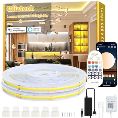 20M Ruban Led Blanc Chaud COB Compatible Alexa, 3000k à 6500k Bande Lumineuse Led Ultra Lumineux à Intensité Variable, Lumiere Led Cob avec Télécommande et Application Pour Meuble Cuisine Chambre