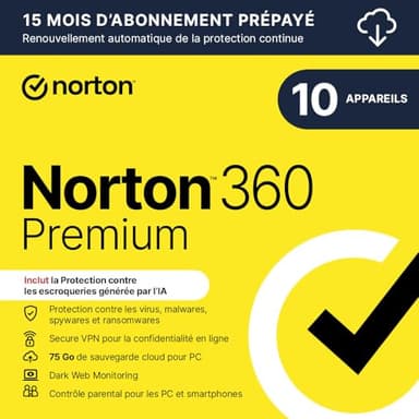 Norton 360 Premium 2025 | 10 appareils | 15 Mois d'Abonnement en renouvellement automatique| Téléchargement