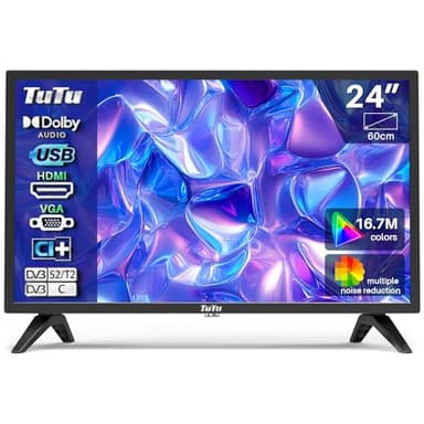 TuTu TV 24 Pouces (60 cm) LED HD Téléviseur avec Triple Tuner (DVB-T/T2-C-S/S2), HDMI, VGA, Lecteur Multimédia USB, CI+, Modèle Hôtel pour Chambre Cuisine, 220 Volts