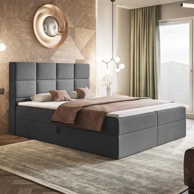 MOTIVENA Alpha Lit Boxspring 160x200 Complet avec Matelas (Ressorts Bonnell H4) et Surmatelas (T28 Mousse de Confort H3), avec Rangement, Velours, avec Tête de Lit Coffre 160x200 Gris Anthracite