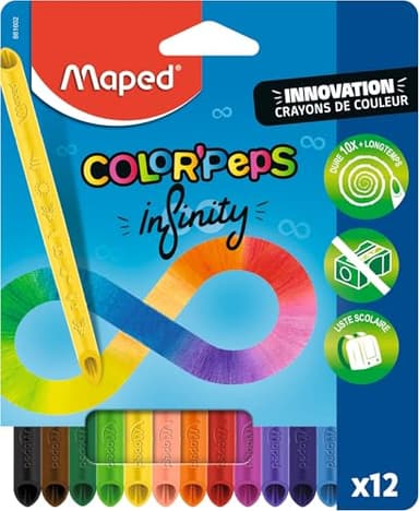 Maped - Crayons de Couleur Color'Peps Infinity - 100% Mine, 100% Utilisable - Zéro Déchet - Sans Taillage - Dure Très Longtemps - Forme Triangulaire Ergonomique - Pochette de 12 Crayons