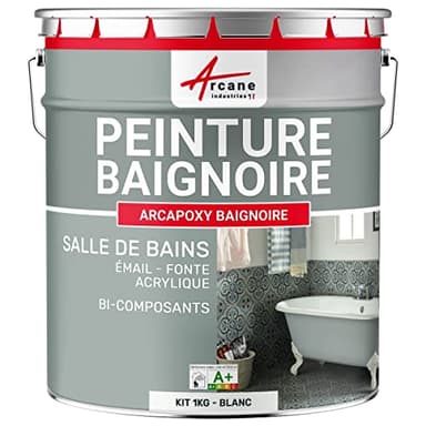 Peinture Baignoire Lavabo Bac à douche : Résine Salle de Bain pour Baignoire émail, acrylique et fonte - 1 kg (jusqu'à 3 m² en 2 couches) Blanc - RAL 9003 - ARCANE INDUSTRIES