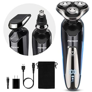 PRITECH Rasoir électrique pour hommes 3 EN 1 Rasoir électrique avec tondeuse de précision Tondeuse à barbe PRITECH IPX7 Rasoir rotatif sur peau humide et sèche Rasoir pour le visage Sans fil
