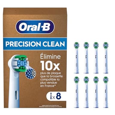 Oral-B Pro Lot De 8 Brossettes De Rechange Précision Clean, AUTHENTIQUES, Blanches, 3 Types De Filaments Et Tête Ronde Pour Un Nettoyage Précis, Embouts Pour Brosses A Dents Electriques Oral B Pro