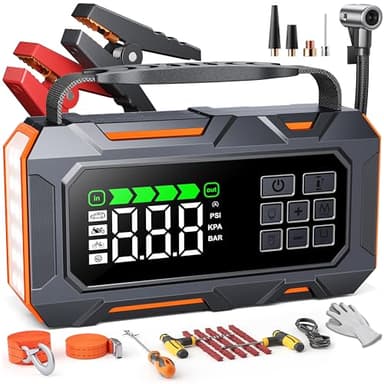 14-in-1 7000A Booster Batterie Voiture avec Gonfleur 160PSI, 26800mAh Démarreur avec Kit d'urgence Voiture, Booster Moto avec 5 LED, Kit Réparation Pneus, Marteau Sécurité (Tous Gaz/12L Diesel)