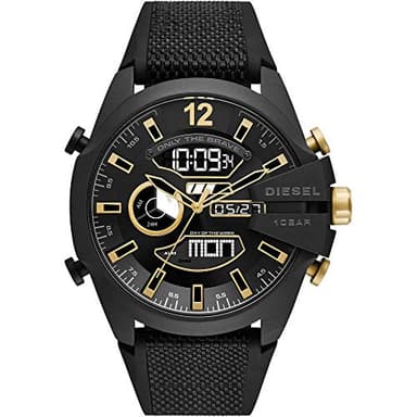 Diesel Mega Chief Montre pour Homme, Mouvement Ana-Digi avec Bracelet en Silicone, Acier Inoxydable ou Cuir, Noir et Ton Or, 51mm