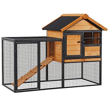 PawHut Clapier Cage à Lapins Cottage - Niche supérieure avec Rampe et enclos extérieur - Plateau excrément, fenêtre, 2 Portes verrouillables - métal époxy Sapin pré-huilé