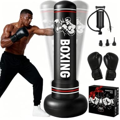 Sac de Frappe sur Pied Gonflable pour Adulte 190 cm, Qoosea Punching Ball avec Gants et Pompe à Air, Sac de Boxe pour Entraînement de Kickboxing, MMA Karaté Fitness Taekwondo Idéal Cadeau