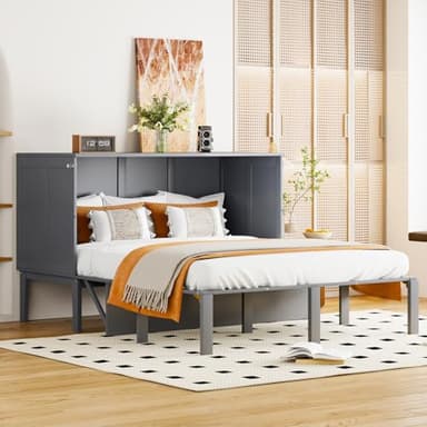 PUGSDRLY Lit escamotable 140x200cm,Lit Pliant 2 Personnes avec Sommier à Lattes,d'appoint,Vertical Multifonctionnel Cadre pour Adulte Adolescent Enfant,sans Matelas (Gris, 140x200)