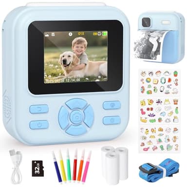 YOHOOLYO Appareil Photo Instantané Enfant 2,4" Mode Video et Selfie 1080P avec Carte 32 Go, Papier d'impression, Jouets Numériques, 6 Stylos Colorés Cadeau pour Garçons Filles de 3-12 Ans Bleu