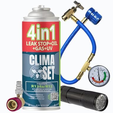 CLIMASET - KIT complet AC R134a 4 en 1, remplacement du gaz, pour voitures de 1994 à 2016 - ensemble complet - Produit d'étanchéité, colorant UV, réfrigérant - avec câble, adaptateur et lampe UV