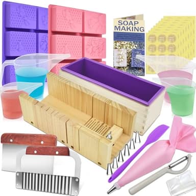 Artcome Kit de fabrication de savon – Fournitures complètes de fabrication de savon avec moule à pain en silicone de 1 200,7 g, outils de coupe en bois, moules en nid d'abeille, tasses à mesurer et