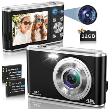 Appareil Photo Numérique Compact 4K Autofocus avec Carte SD 32G Double caméra Avant et arrière, HD 48MP avec Grand écran 2.8", Zoom numérique 16X, pour Les débutants (Noir)
