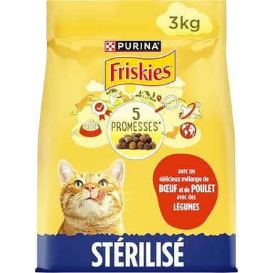 FRISKIES | Chat | Croquettes complètes pour Chats Adultes stérilisés | Au Boeuf, Au Poulet et aux Légumes | Aliment Complet pour Les Chats stérilisés | Sac | 3 KG