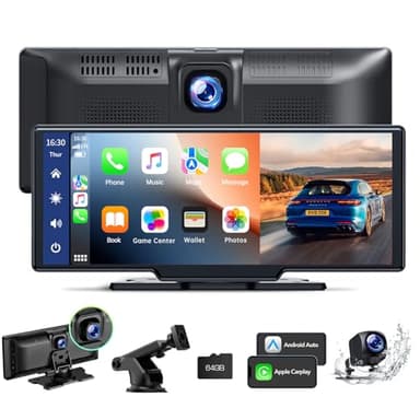 LAMTTO Autoradio sans Fil CarPlay Android Auto, 9,26 Pouces Ecran Carplay Voiture avec Dashcam Avant arrière 2,5K+1080P, Bluetooth 5.0, Navigation, Assistant Vocal, Lien Miroir, AUX, FM, 64G TF Carte