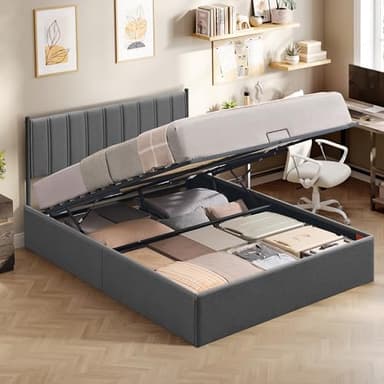 VASAGLE Lit Coffre 160 x 200 cm, Cadre de Lit, 2 Personnes, Sommier Relevable, avec Rangement, Système Hydraulique, Moderne et Minimaliste, Montage Facile, Gris Foncé RMB615G02