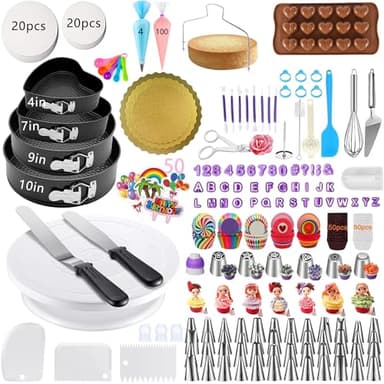 Kit de décoration de gâteaux 540 pièces – Fournitures de cuisson avec 4 moules à charnière, plateau tournant rotatif, outils de décoration, fournitures de pâtisserie pour débutants