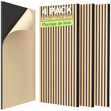TONOR Lot de 4 Panneau Acoustique en Placage de Bois, 120x60x1,9 cm, Dalle Murale Autocollante, Absorption de L'écho, Mousse Décoratif en 3D, Panneaux Insonorisants pour le Salon, le Bureau, Chêne