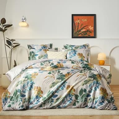 Parure de lit en satin DuShow Housse de couette Double Motif Feuilles Vertes, Ensemble de Literie 3 Pièces Floral Soyeux de Luxe, Housse de Couette Douce avec 2 Taies - 200 X 200 cm