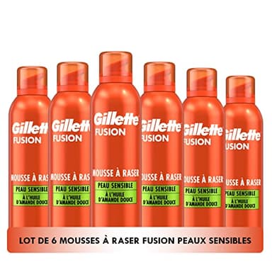 Gillette Fusion Mousse À Raser Pour Homme À L’huile D’amande, Pour Les Peaux Sensibles, X5 Actions : Nettoie, Hydrate, Protège, Rafraîchit Et Apaise, Pack de 6x250 ml