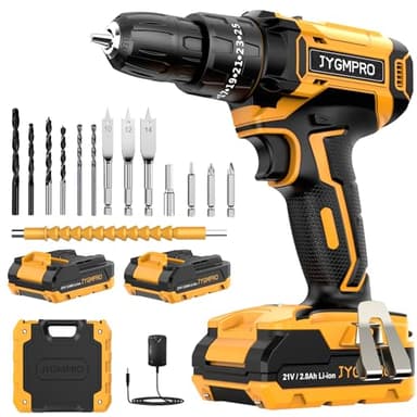 JYGMPRO Perceuse Visseuse Sans Fil 21V, Visseuse Devisseuse avec 2 Batteries 2.0Ah, 42Nm Percussion, 25+3 Réglages de Couple, 14 Accessoires, 2 Vitesses, LED, pour la Bricolage, Jaune