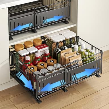 HABITELLO Tiroir Coulissant Extensible Organisateur Tiroir Cuisine Rangement Sous Evier Range-Épices en Métal Gain de Place Maximal, Largeur Réglable 32.5-50 cm (Style A Noir, 2 Pièces)