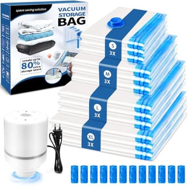 GMUFTIR Sac sous Vide Vetement Aspirateur et Pompe Électrique, 12 Pièces Sac de Rangement Sous Vide(3XL 3L 3M 3S), Réutilisables, Résistant à L'humidité et Durable, pour Housses Vêtements Couettes