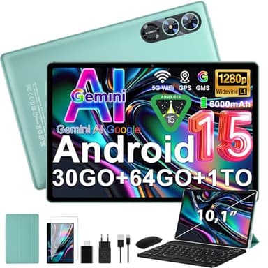 Android 15 Tablette 10 Pouces avec Gemini AI, Octa-Core Tablettes PC, 30 GO RAM+ 64 GO ROM (1TO TF), 3.5mm Audio/ WiFi 6 & BT 5.0 / 6000mAh /GPS/Widevine L1,Tablettes avec Clavier+Souris et Cas-vert