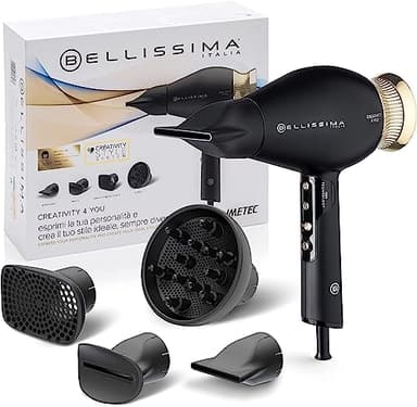 Bellissima Sèche Cheveux Professionnel Ionique Anti Frisottis - Contrôle Numérique de la Chaleur, Super Silencieux - Lisse, Ondulations et Diffuseur Boucles - Creativity 4 You 1800 W + Beauty Bag