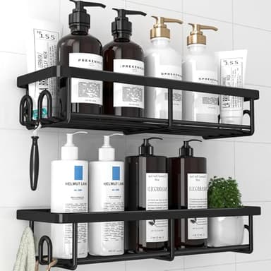 Kitsure Étagères de Salle de Bain – Lot de 2 Étagères de Douche Murales sans Perçage avec 4 Crochets, Rangement Douche et Salle de Bain, Style Minimaliste, Grande Capacité, 10,0 x 29,5 x 5,5 cm, Noir