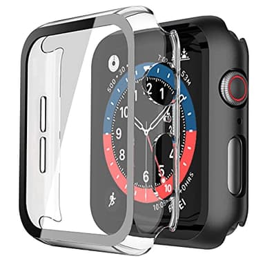 Recata 2 Pièces PC Coque Compatible avec Apple Watch SE3 / SE2 / SE/Serie 6 / Serie 5 / Serie 4 44mm, Protection Ecran Verre Trempé Ultra Mince Couverture Complète, 1 Noir + 1 Transparent