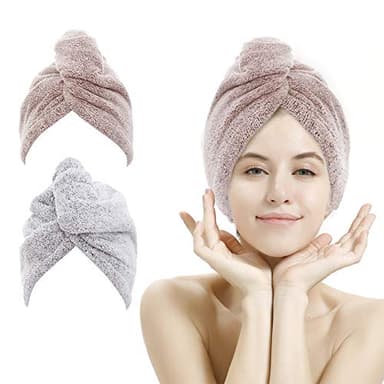M-bestl Lot de 2 Serviettes à Cheveux en avec Attache pour sécher Vos Cheveux Plus Rapidement (Gris étoile et Rose étoile)