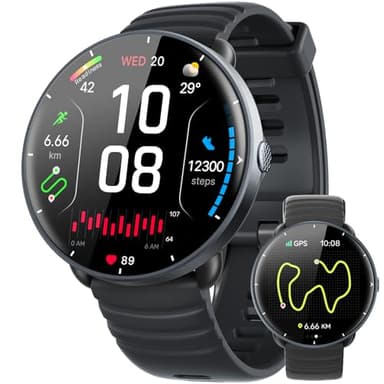 Parsonver Montre Connectée avec GPS Intégré, 5ATM Étanche Smartwatch Natation pour Piscine/Eau Libre, Montre Connecté avec AMOLED Écran, 100+ Sports,Fréquence Cardiaque,Sommeil (Noir, 42 mm)