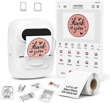 MARKLIFE Etiqueteuse Imprimante Etiquette Code Barre Mini Machine a Etiquettes Autocollantes Label Maker Bluetooth Thermique P50 Compatible avec Les Smartphone et PC (Blanc, 1 Rouleaux de Papier)