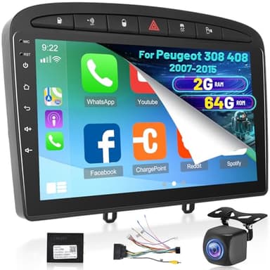 [2G+64G] Android Autoradio pour Peugeot 308 408 2007-2015 avec sans Fil Carplay et Android Auto, Écran Tactile HD de 9 Pouces avec GPS, WiFi, Bluetooth, EQ, FM RDS