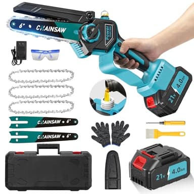 Mini Tronconneuse a Batterie 4000mAh, 6 Pouces 1000W Tronconneuse Electrique Sans Fil Brushless avec Graisseur Automatique, Elagueuse Batterie, Petite Tronçonneuse Compatible avec Makita pour Jardin