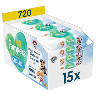 Pampers Harmonie Aqua, 720 Lingettes pour Bébé (15x48), Sans Plastique, Sans Parfum, Protection de la Peau Délicate Avec 99% D'Eau, Aide à restaurer le pH naturel de la peau