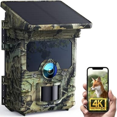 WOLFANG Caméra de Chasse, Camera Chasse Solaire WiFi 4K/68MP, Détecteur de Mouvement de 0,1s, avec App, 5200mAh Batterie, Vision Nocturne, IP66 Etanche pour l'observation des Animaux