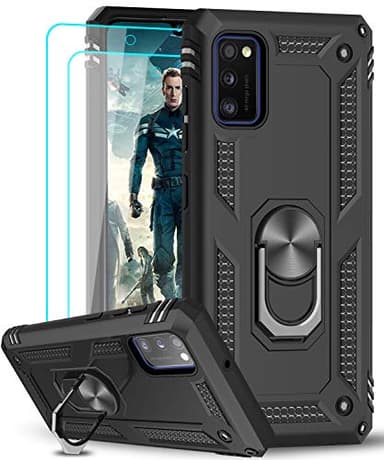LeYi Coque pour Samsung Galaxy A41 avec [2 Pièces] Verre Trempé Anneau Support, Double Couche Renforcée Défense Bumper TPU Silicone Antichoc Armure Protection Housse Etui Samsung A41 Noir