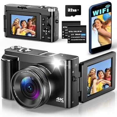 Appareil Photo Numérique WiFi 4K 64MP Appareil Photo Compact pour Vlog avec Écran Rotatif 180°, Zoom 16X, Autofocus, Anti-Tremblement, Carte 32 Go, 2 Batteries