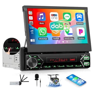 OiLiehu Autoradio 1 Din Dab avec CarPlay Android Auto sans Fil, 7" Rétractable Électrique Écran Tactile Lecteur MP5 Radio avec Bluetooth, FM, Lien Miroir, SWC, EQ, Type-C/USB, AUX, Caméra Arrière
